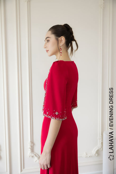 Red slit sleeves beaded evening dress